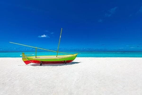 Tropical beach scene with decoration Dhoni boat. Idyllic summer scenery, Maldives islands view, white sand, blue sea and sky with endless horizon