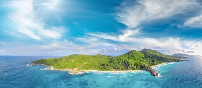 Framed Print : Tropical beach with sea and palm taken from drone. Seychelles famous beach - aerial photo of La Digue Grand Anse Framed Print : Tropical beach with sea and palm taken from drone. Seychelles famous beach - aerial photo of La Digue Grand Anse