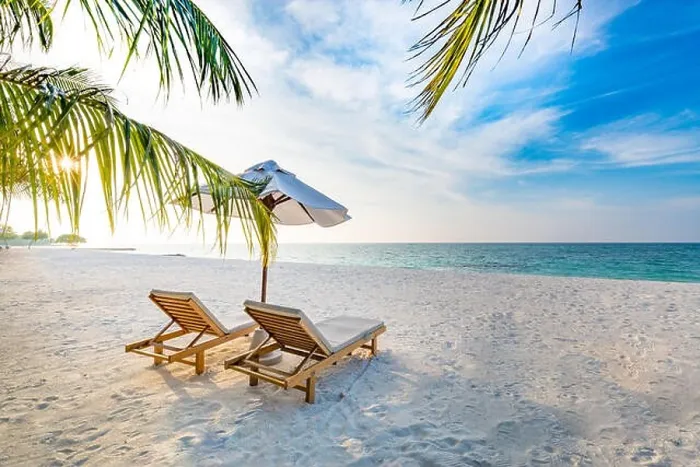 Framed Print : Tropical beach sunset background as summer landscape with lounge chairs and palm trees and calm sea for beach banner. Calm tropical beach landscape Framed Print : Tropical beach sunset background as summer landscape with lounge chairs and palm trees and calm sea for beach banner. Calm tropical beach landscape