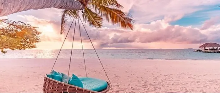 Framed Print : Tropical beach sunset panorama as summer landscape with beach swing hammock and white sand, calm sea for beach banner. Perfect beach scene vacation Framed Print : Tropical beach sunset panorama as summer landscape with beach swing hammock and white sand, calm sea for beach banner. Perfect beach scene vacation