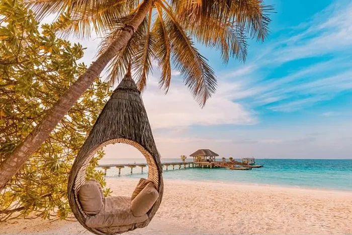 Framed Print : Tropical beach sunset as summer landscape with luxury resort beach palm swing hammock, sand seaside shore for sunset beach landscape. Tranquil beach Framed Print : Tropical beach sunset as summer landscape with luxury resort beach palm swing hammock, sand seaside shore for sunset beach landscape. Tranquil beach