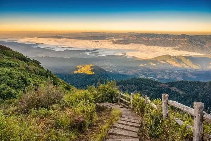 Framed Print : Tropical forest nature landscape view with toursits mountain range and moving cloud mist at Kew Mae Pan nature trail Framed Print : Tropical forest nature landscape view with toursits mountain range and moving cloud mist at Kew Mae Pan nature trail
