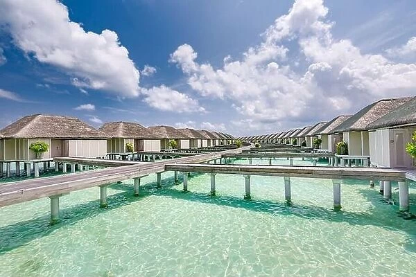Tropical paradise: view of over water bungalows at a resort in the Maldives, Indian Ocean. Paradise beach. Holiday vacations tourism concept