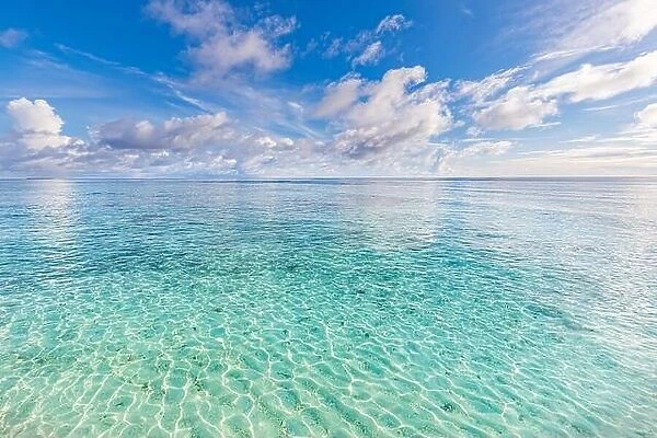Tropical sea view. Horizon, skyline idyllic tranquil sunny ocean bay lagoon. Blue sea water Natural tropical water paradise