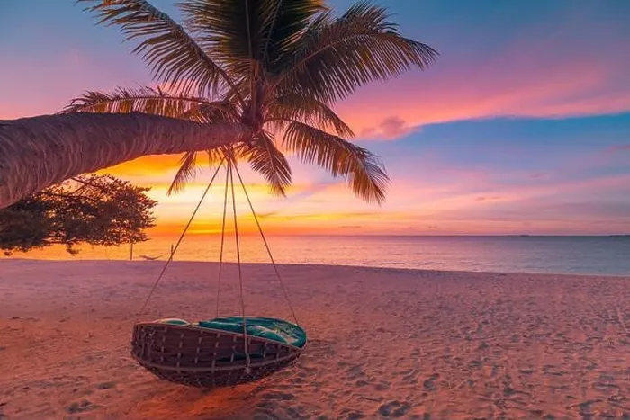 Framed Print : Tropical sunset beach background as summer coast landscape panorama with leisure beach swing on palm, white sand and calm sea beach horizon Framed Print : Tropical sunset beach background as summer coast landscape panorama with leisure beach swing on palm, white sand and calm sea beach horizon