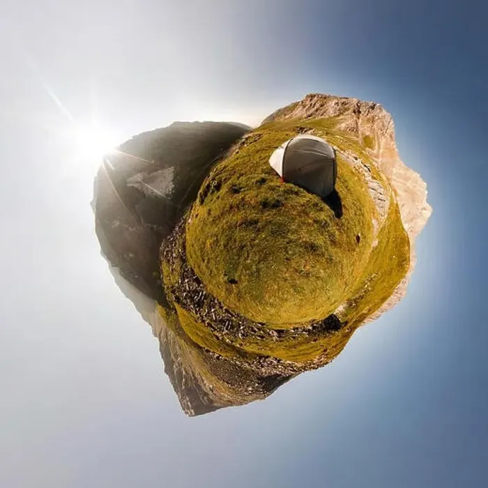 Framed Print : Ttent stands on a cliff in the mountains with a background view of the river valley. Tiny little planet 360 Framed Print : Ttent stands on a cliff in the mountains with a background view of the river valley. Tiny little planet 360