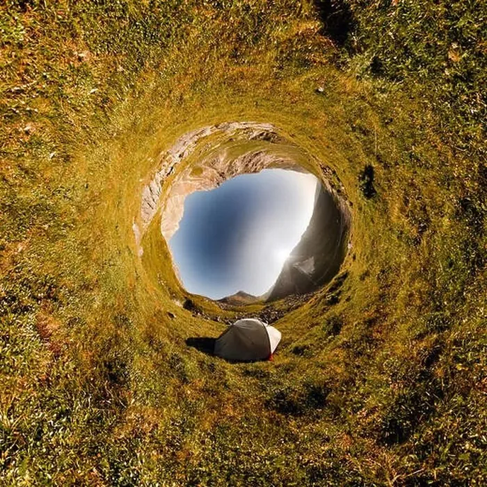 Framed Print : Ttent stands on a cliff in the mountains with a background view of the river valley. Tiny little planet 360 Framed Print : Ttent stands on a cliff in the mountains with a background view of the river valley. Tiny little planet 360