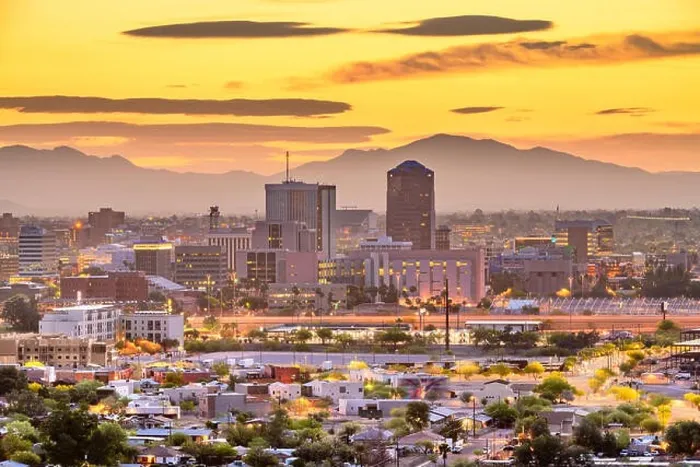 Framed Print : Tucson, Arizona, USA downtown city skyline with mountains at twilight Framed Print : Tucson, Arizona, USA downtown city skyline with mountains at twilight