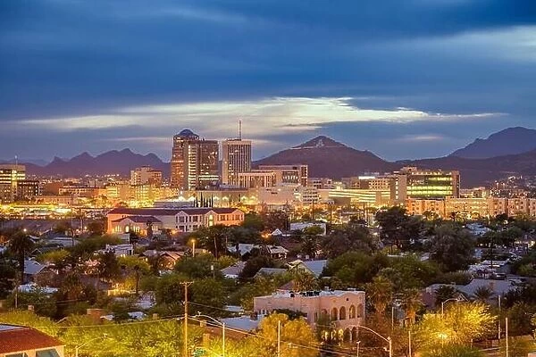 Tucson, Arizona, USA downtown skyline with Sentinel Peak at dusk. (Mountaintop 'A' for 'Arizona')