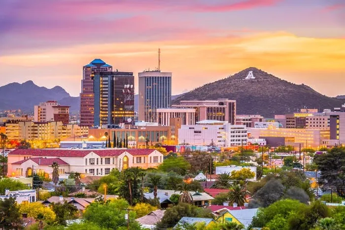 Framed Print : Tucson, Arizona, USA downtown skyline with Sentinel Peak at dusk. (Mountaintop A for Arizona') Framed Print : Tucson, Arizona, USA downtown skyline with Sentinel Peak at dusk. (Mountaintop A for Arizona')