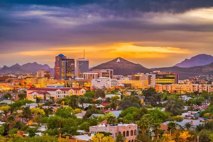 Framed Print : Tucson, Arizona, USA downtown skyline with Sentinel Peak at dusk. (Mountaintop A for Arizona') Framed Print : Tucson, Arizona, USA downtown skyline with Sentinel Peak at dusk. (Mountaintop A for Arizona')