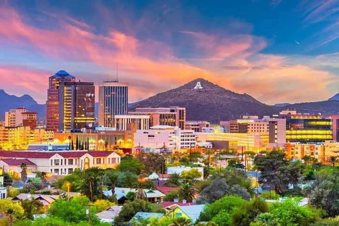 Framed Print : Tucson, Arizona, USA downtown skyline with Sentinel Peak at dusk. (Mountaintop A for Arizona') Framed Print : Tucson, Arizona, USA downtown skyline with Sentinel Peak at dusk. (Mountaintop A for Arizona')