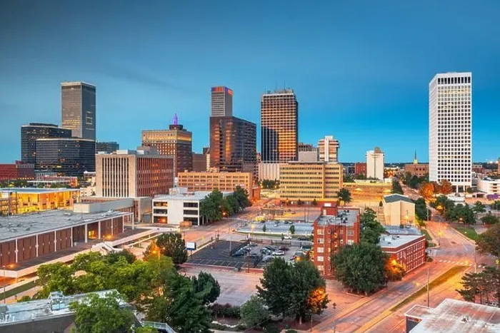 Framed Print : Tulsa, Oklahoma, USA downtown city skyline at twilight