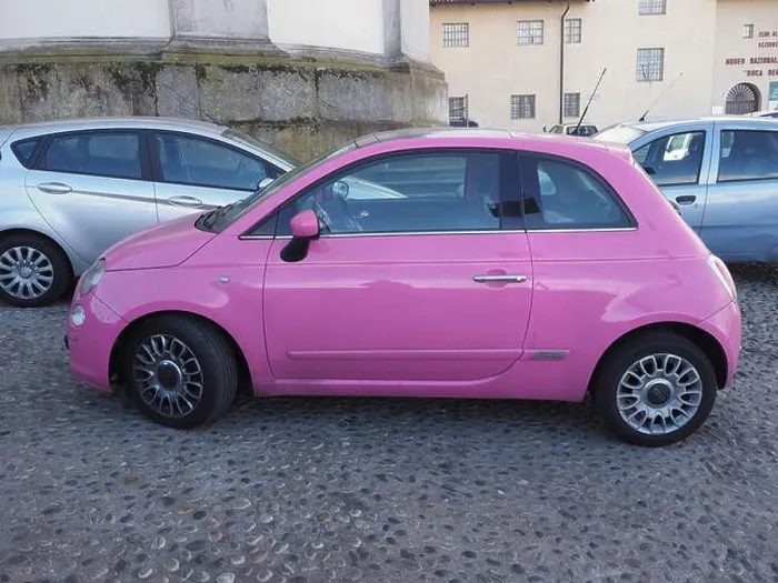Framed Print : TURIN, ITALY - CIRCA FEBRUARY 2020: pink Fiat 500 car