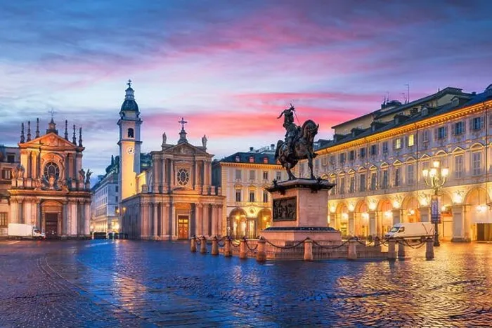 Framed Print : Turin, Italy at Piazza San Carlo during twilight Framed Print : Turin, Italy at Piazza San Carlo during twilight