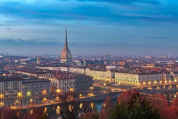 Turin, Piedmont, Italy skyline with the Mole Antonelliana at dusk