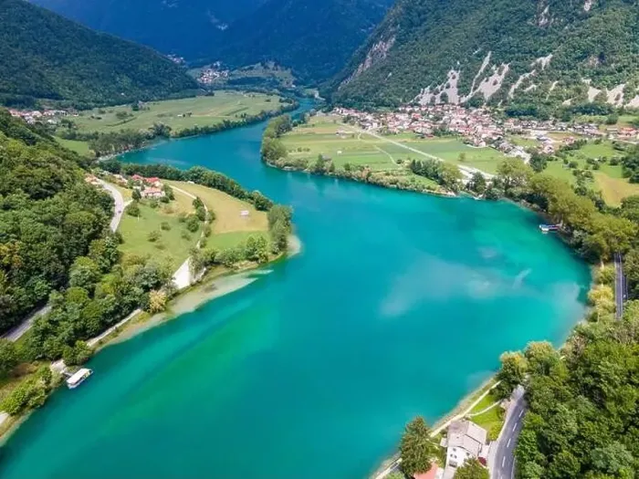 Framed Print : Turquoise Water in Soca River near Tolmin in Slovenia Drone View Framed Print : Turquoise Water in Soca River near Tolmin in Slovenia Drone View