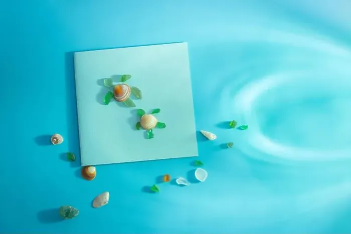 Framed Print : Turtle design using seashells and glass on blue sea background Framed Print : Turtle design using seashells and glass on blue sea background