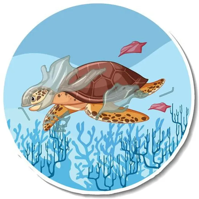 Framed Print : Turtle stuck with plastic trash cartoon sticker illustration Framed Print : Turtle stuck with plastic trash cartoon sticker illustration