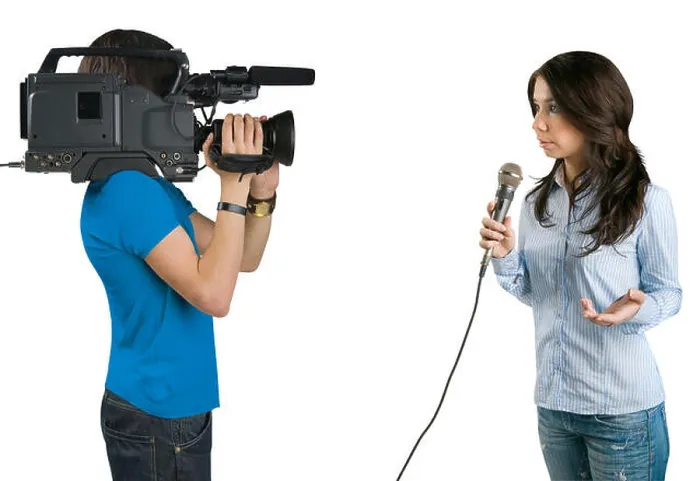 Framed Print : TV reporter presenting the news in studio, isolated on white background Framed Print : TV reporter presenting the news in studio, isolated on white background