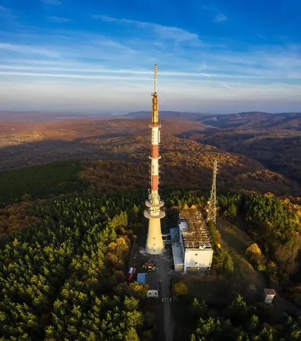 Framed Print : Tv tower on hill and autumn forest at sunset Framed Print : Tv tower on hill and autumn forest at sunset