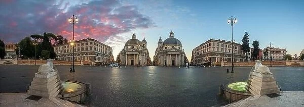 Twin Churches of Piazza del Popolo in Rome, Italy at twilight