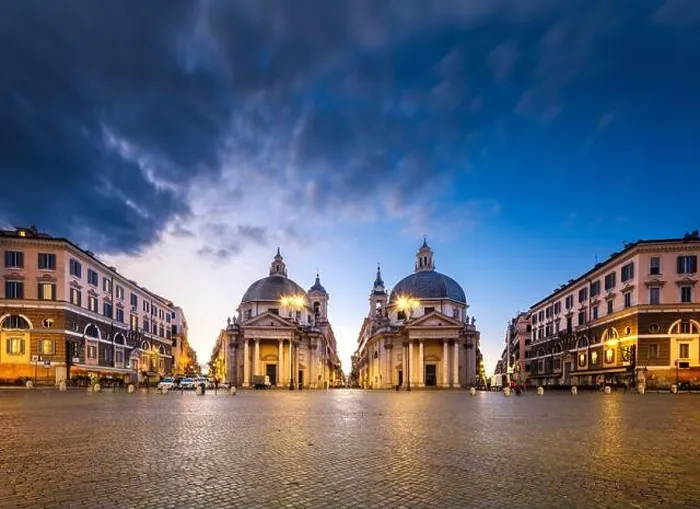 Framed Print : Twin Churches of Piazza del Popolo in Rome, Italy at twilight Framed Print : Twin Churches of Piazza del Popolo in Rome, Italy at twilight