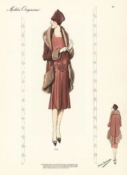 Two-piece suit: jacket of dark brown velvet with fur trim, chestnut satin cloth skirt. Ensemble elegant: Jaquette de velours fonce
