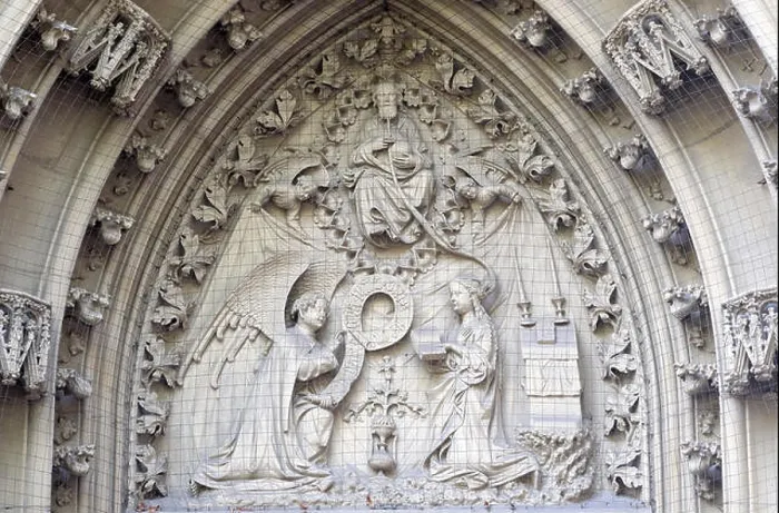 Framed Print : The tympanum shows the Annunciation to Mary, portal of the Marienkapelle in Wurzburg, Bavaria, Germany Framed Print : The tympanum shows the Annunciation to Mary, portal of the Marienkapelle in Wurzburg, Bavaria, Germany