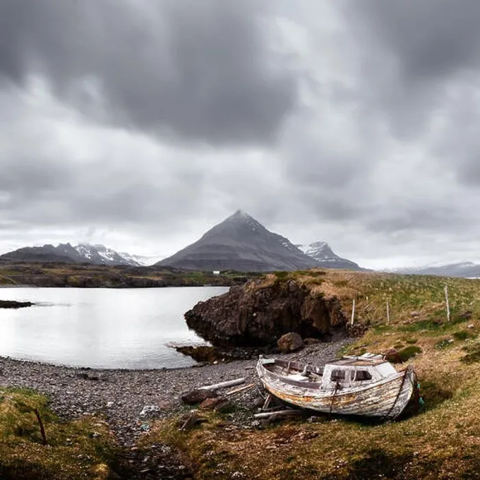 Framed Print : Typical Iceland landscape with ship Framed Print : Typical Iceland landscape with ship