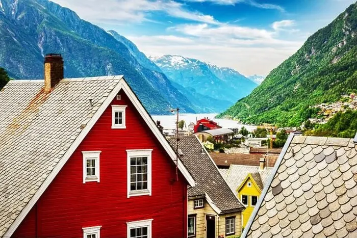 Framed Print : Typical norwegian houses near fjord and snowy mountains. Norway, Europe. Landscape photography Framed Print : Typical norwegian houses near fjord and snowy mountains. Norway, Europe. Landscape photography