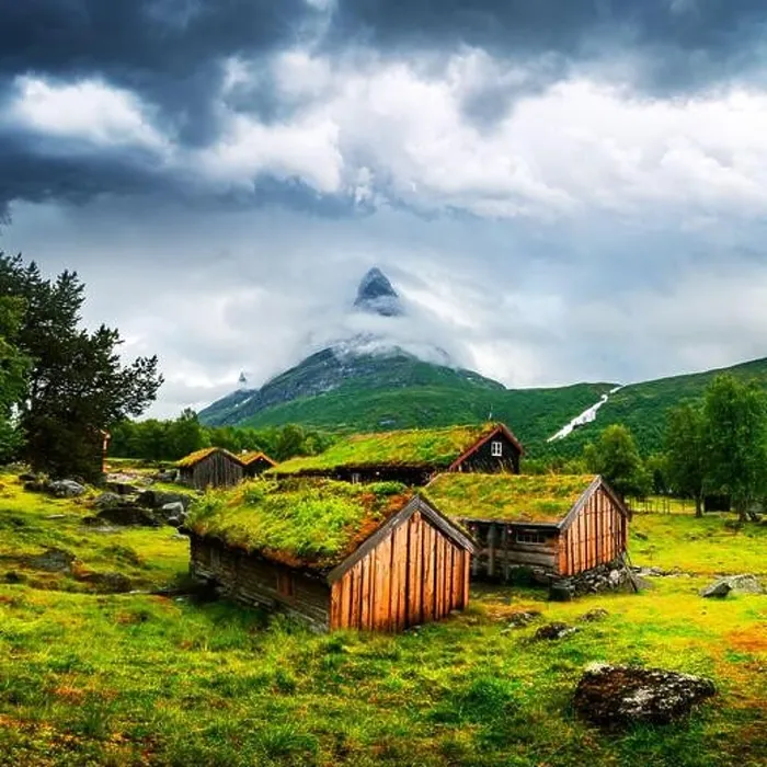 Framed Print : Typical norwegian old wooden houses with grass roofs in Innerdalen - Norway's most beautiful mountain valley, near Innerdalsvatna lake Framed Print : Typical norwegian old wooden houses with grass roofs in Innerdalen - Norway's most beautiful mountain valley, near Innerdalsvatna lake