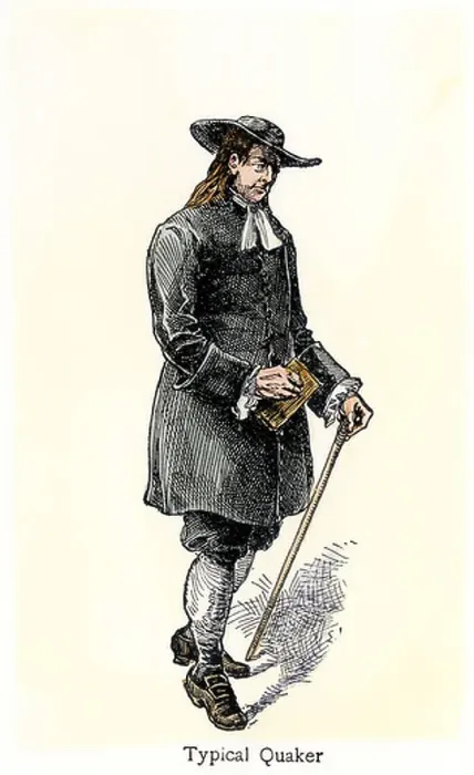 Framed Print : Typical Quaker in early Pennsylvania. Hand-colored woodcut Framed Print : Typical Quaker in early Pennsylvania. Hand-colored woodcut