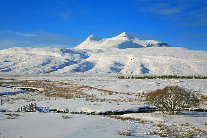 Framed Print : UK Scotland Sutherland Highland mountain of Culmore from the village of Elphin in winter Framed Print : UK Scotland Sutherland Highland mountain of Culmore from the village of Elphin in winter