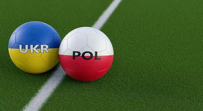 Framed Print : Ukraine vs. Poland Soccer Match - Leather balls in Ukraine and Poland national colors. 3D Rendering Framed Print : Ukraine vs. Poland Soccer Match - Leather balls in Ukraine and Poland national colors. 3D Rendering