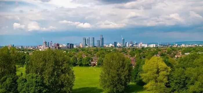 Framed Print : Ultra wide panoramic image of Manchester Cityscape taken from Longford Park in Trafford Framed Print : Ultra wide panoramic image of Manchester Cityscape taken from Longford Park in Trafford