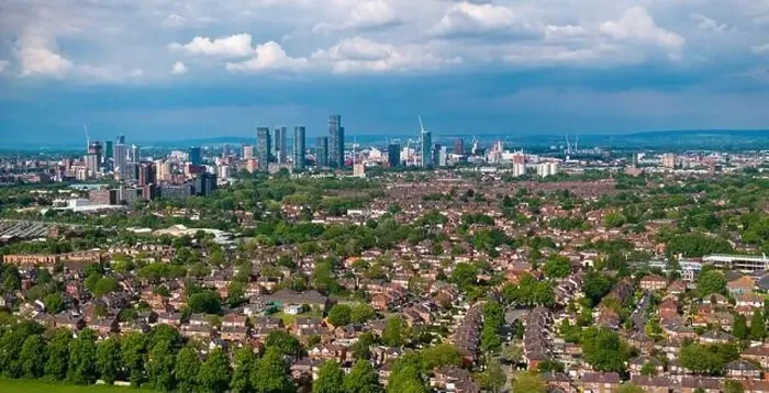 Framed Print : Ultra wide panoramic image of Manchester Cityscape taken from Longford Park in Trafford Framed Print : Ultra wide panoramic image of Manchester Cityscape taken from Longford Park in Trafford