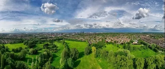 Framed Print : Ultra wide panoramic image of Manchester Cityscape taken from Longford Park in Trafford Framed Print : Ultra wide panoramic image of Manchester Cityscape taken from Longford Park in Trafford