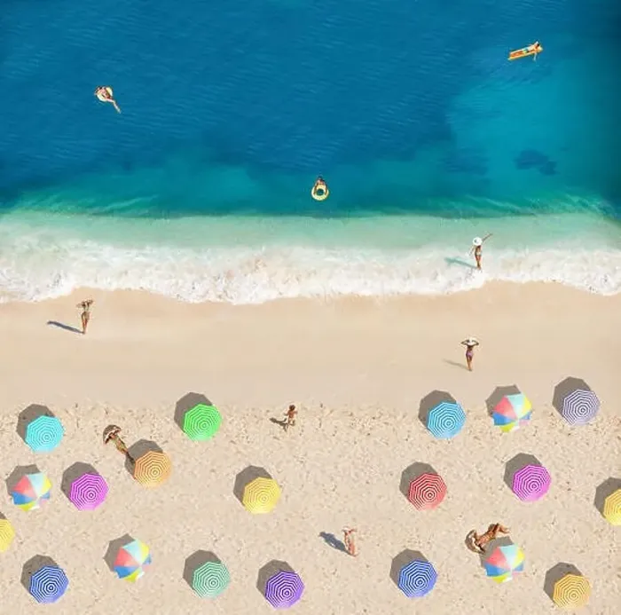 Framed Print : Many umbrellas with people on the beach and swimming in the sea view from above Framed Print : Many umbrellas with people on the beach and swimming in the sea view from above