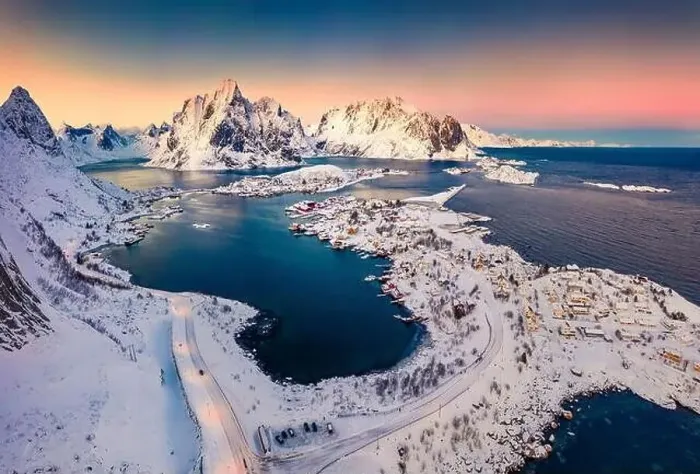 Framed Print : Unbelievable evening view from flying drone of popular tourist destination - Reine town Framed Print : Unbelievable evening view from flying drone of popular tourist destination - Reine town