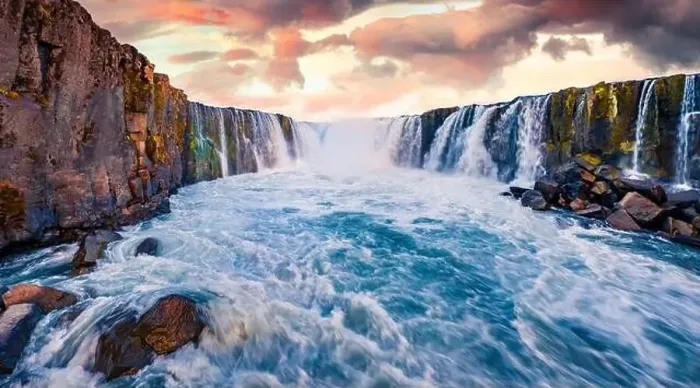 Framed Print : Unbelievable morning view from flying drone of Selfoss Waterfall