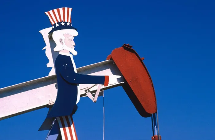 Framed Print : 'Uncle Sam' art on pump jack, used to lift crude oil from the well