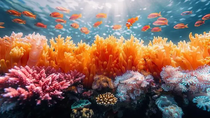 Framed Print : underwater coral reef landscape super wide banner background in the deep blue ocean with colorful fish and marine life