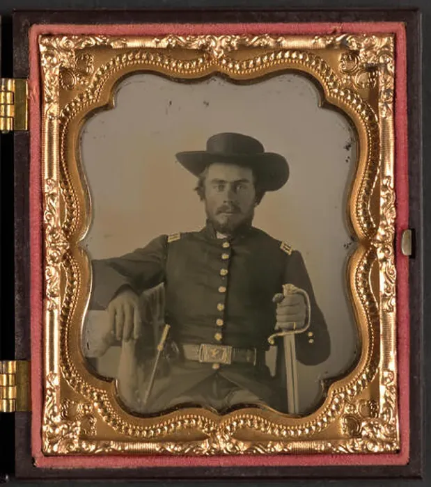 Framed Print : Unidentified officer in Union uniform and Western hat with sword
