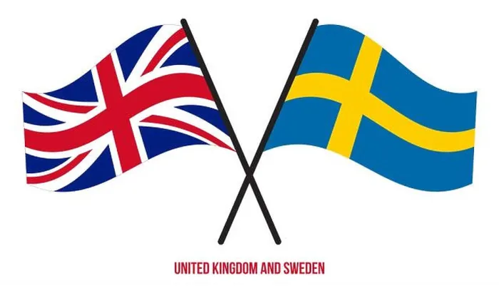 Framed Print : United Kingdom and Sweden Flags Crossed And Waving Flat Style. Official Proportion. Correct Colors Framed Print : United Kingdom and Sweden Flags Crossed And Waving Flat Style. Official Proportion. Correct Colors