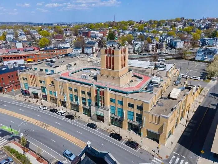 Framed Print : University Hall of Lesley University aerial view at Porter Square at 1815 Massachusetts Avenue in spring in city of