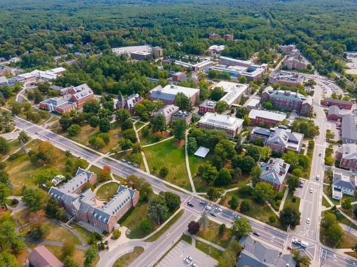 Framed Print : University of New Hampshire UNH Durham campus aerial view including Thompson Hall at Main Lawn on Main Street in Framed Print : University of New Hampshire UNH Durham campus aerial view including Thompson Hall at Main Lawn on Main Street in
