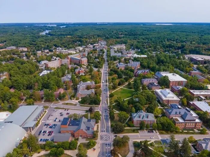 Framed Print : University of New Hampshire UNH Durham campus aerial view including Thompson Hall at Main Lawn on Main Street in Framed Print : University of New Hampshire UNH Durham campus aerial view including Thompson Hall at Main Lawn on Main Street in