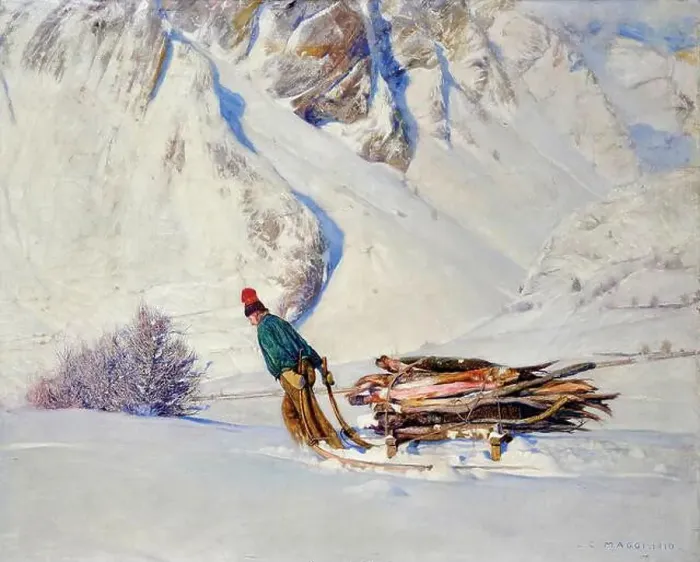 Framed Print : Un uomo con slitta sulla neve - olio su tela - Cesare Maggi - 1910 - Piacenza, Galleria Ricci Oddi Framed Print : Un uomo con slitta sulla neve - olio su tela - Cesare Maggi - 1910 - Piacenza, Galleria Ricci Oddi