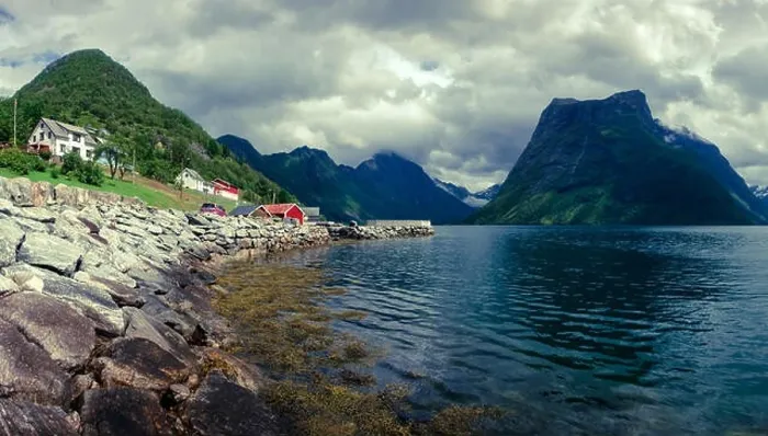 Framed Print : Urke village and Hjorundfjorden fjord Framed Print : Urke village and Hjorundfjorden fjord